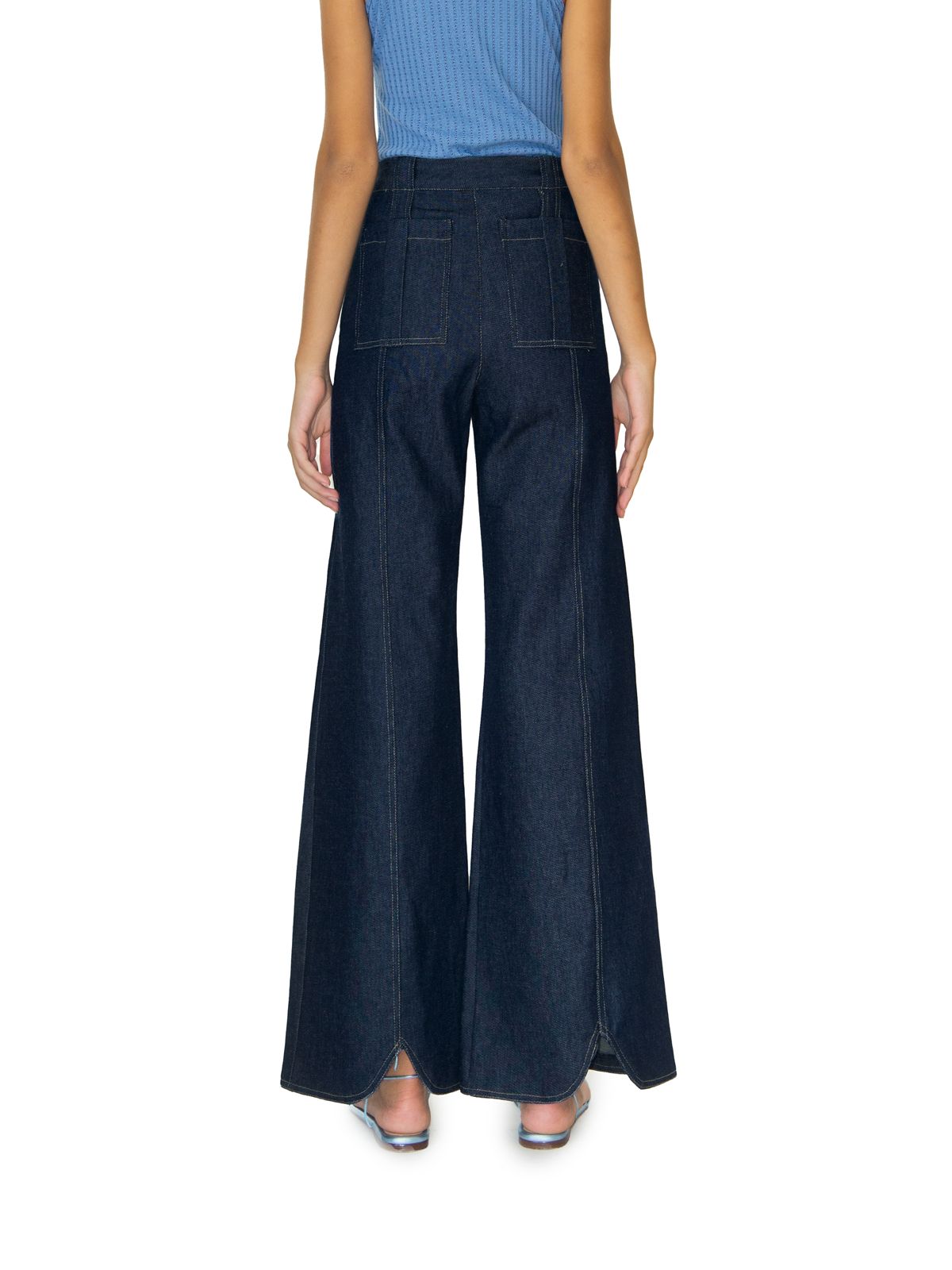 Dark blue wide-leg denim jeans with front yoke seam and patch pockets