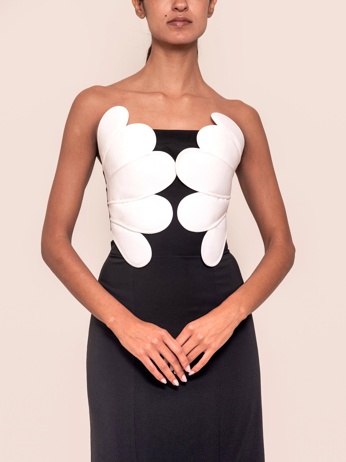 Black dress with white flower applique corset-style bodice and straight neckline - alternate view