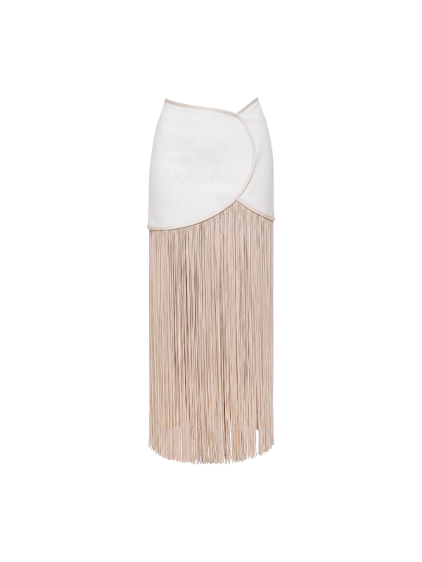 Ivory draped skirt with long fringe tassels