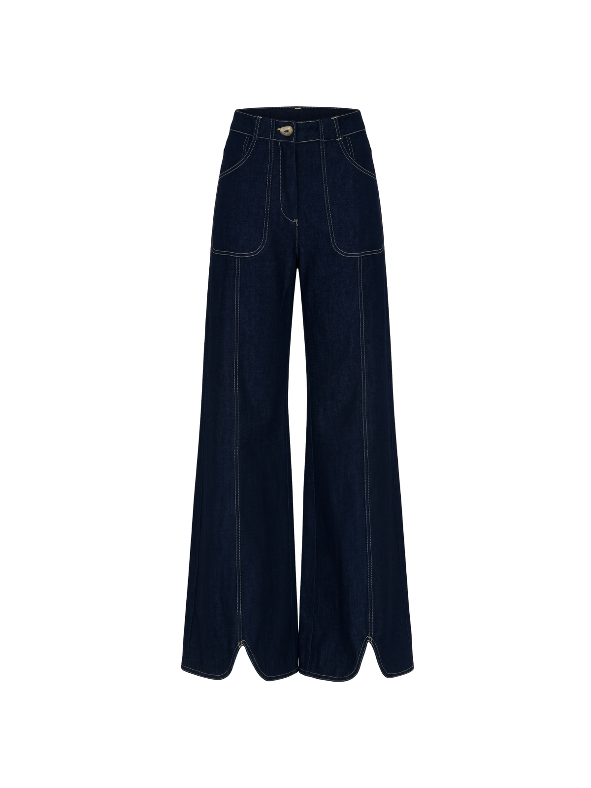 Dark blue wide-leg denim jeans with patch pockets and front seam detailing