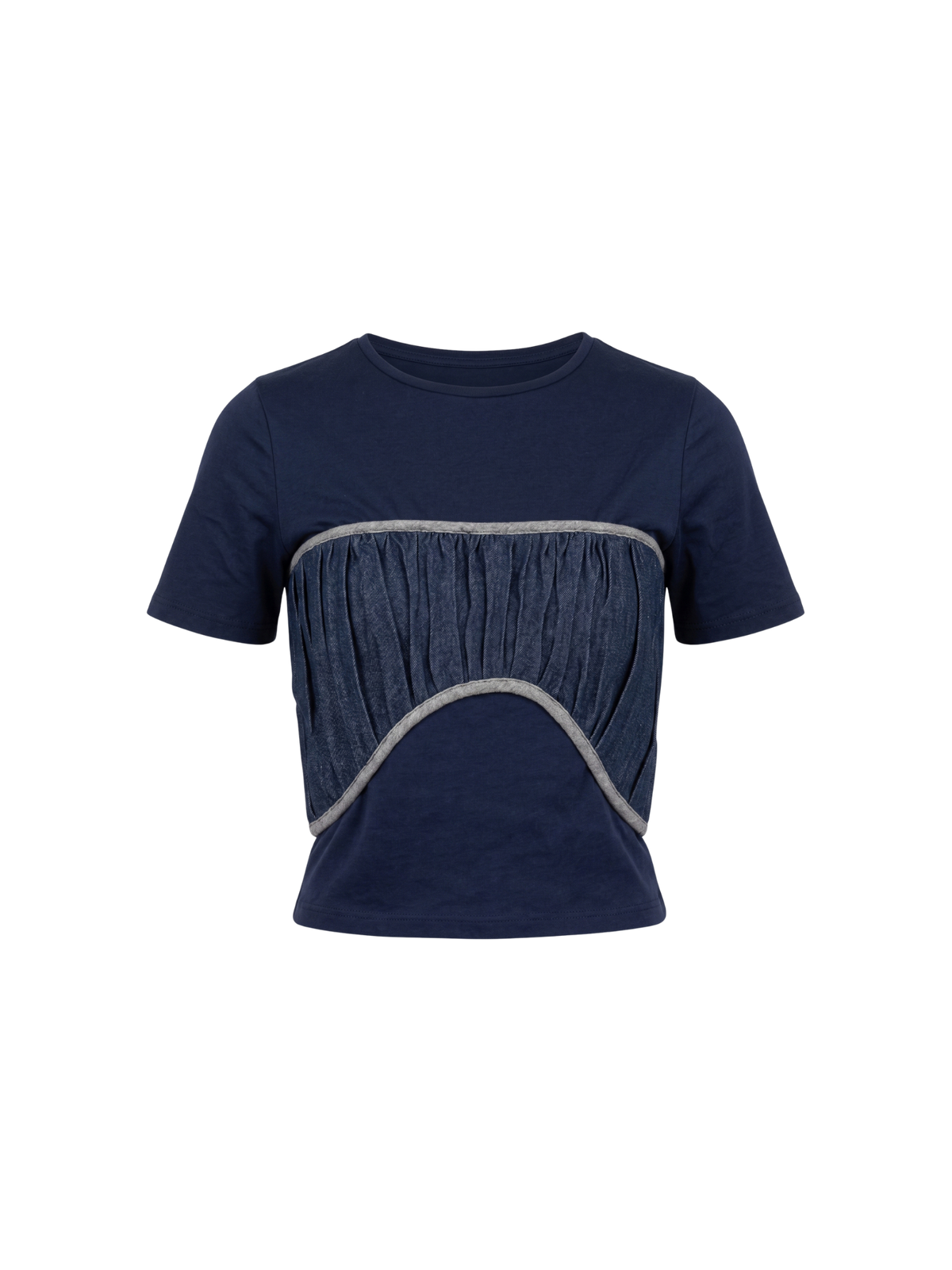 Dark blue T-shirt with gathered front and gray trim