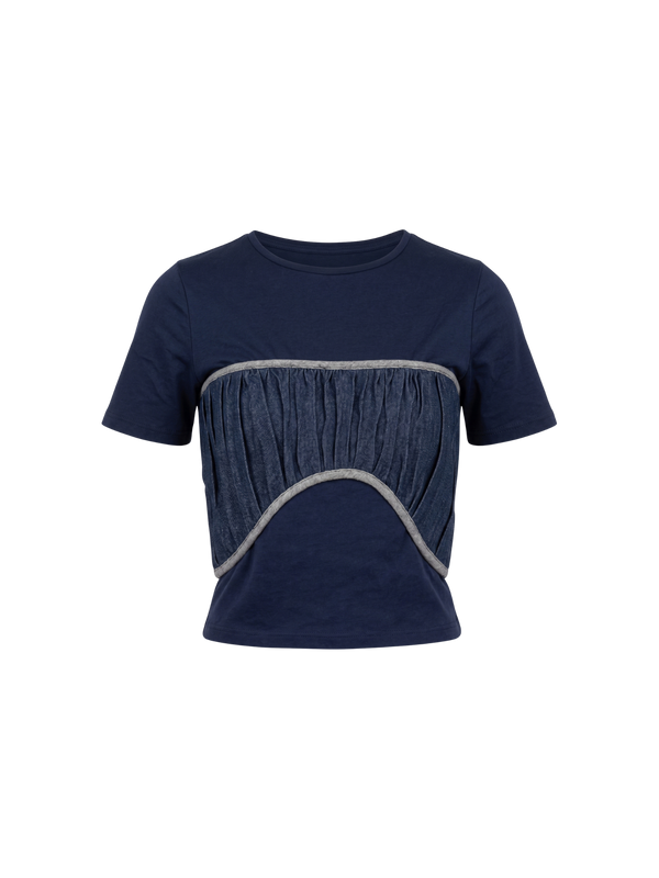 Dark blue T-shirt with gathered front and gray trim