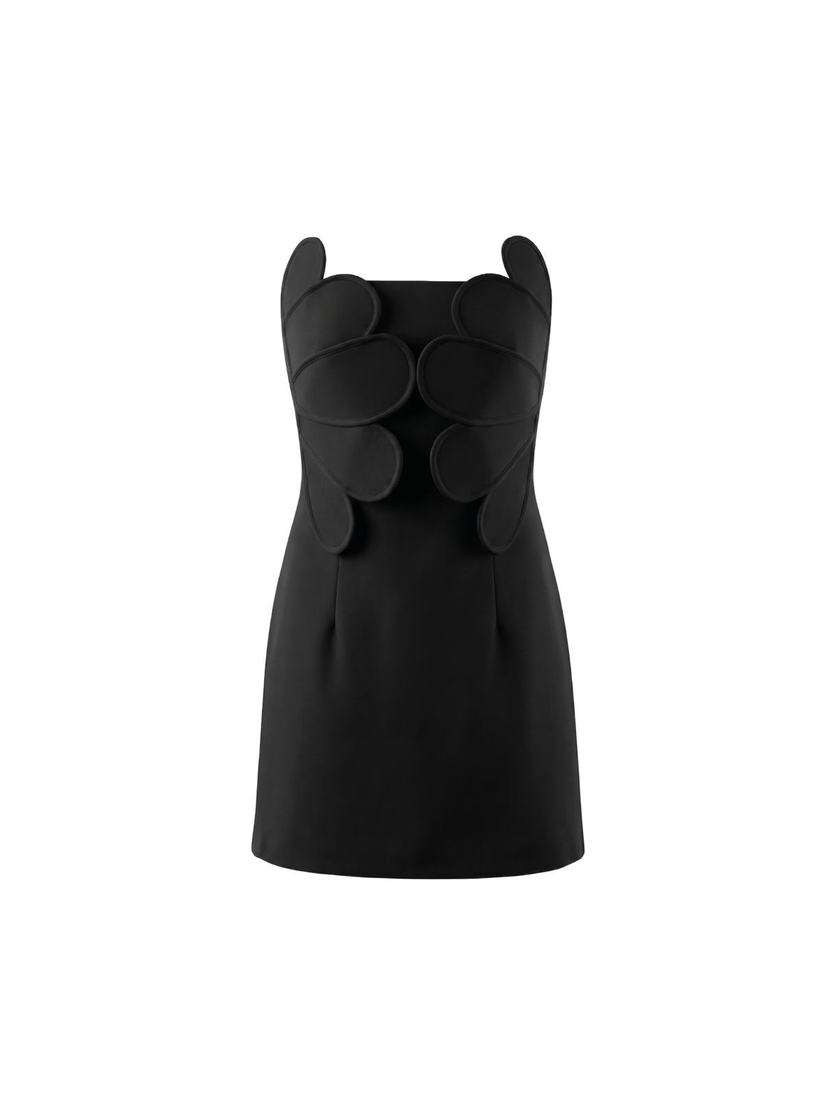 Black mini dress with layered circular appliques at the bust