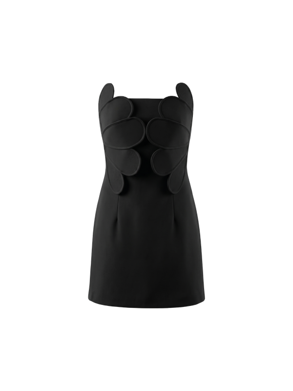 Black mini dress with layered circular appliques at the bust