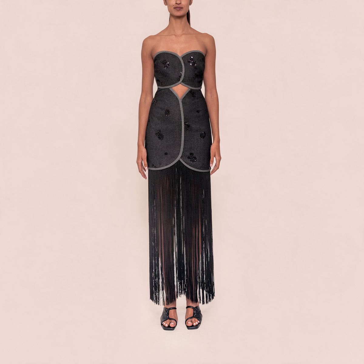 Strapless black denim-look maxi dress with vertical fringe paneling and beaded accents - alternate view