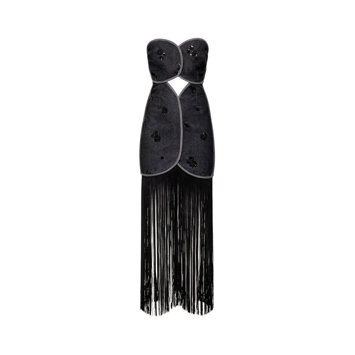 Strapless black denim-look maxi dress with fringe bottom and circular bust overlay