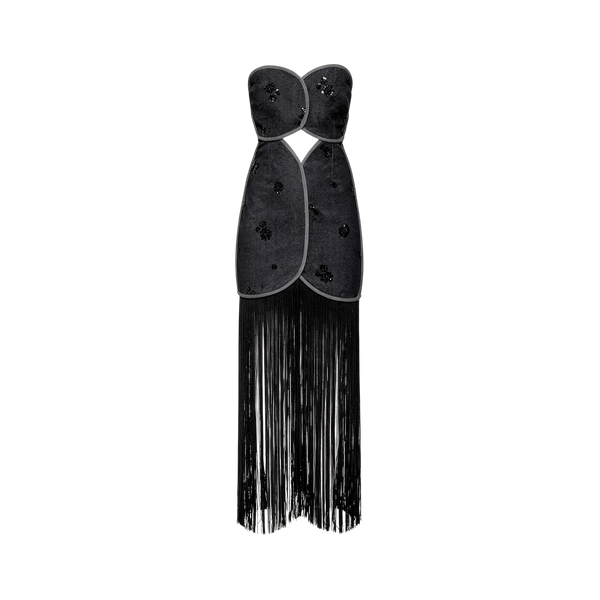Strapless black denim-look maxi dress with fringe bottom and circular bust overlay