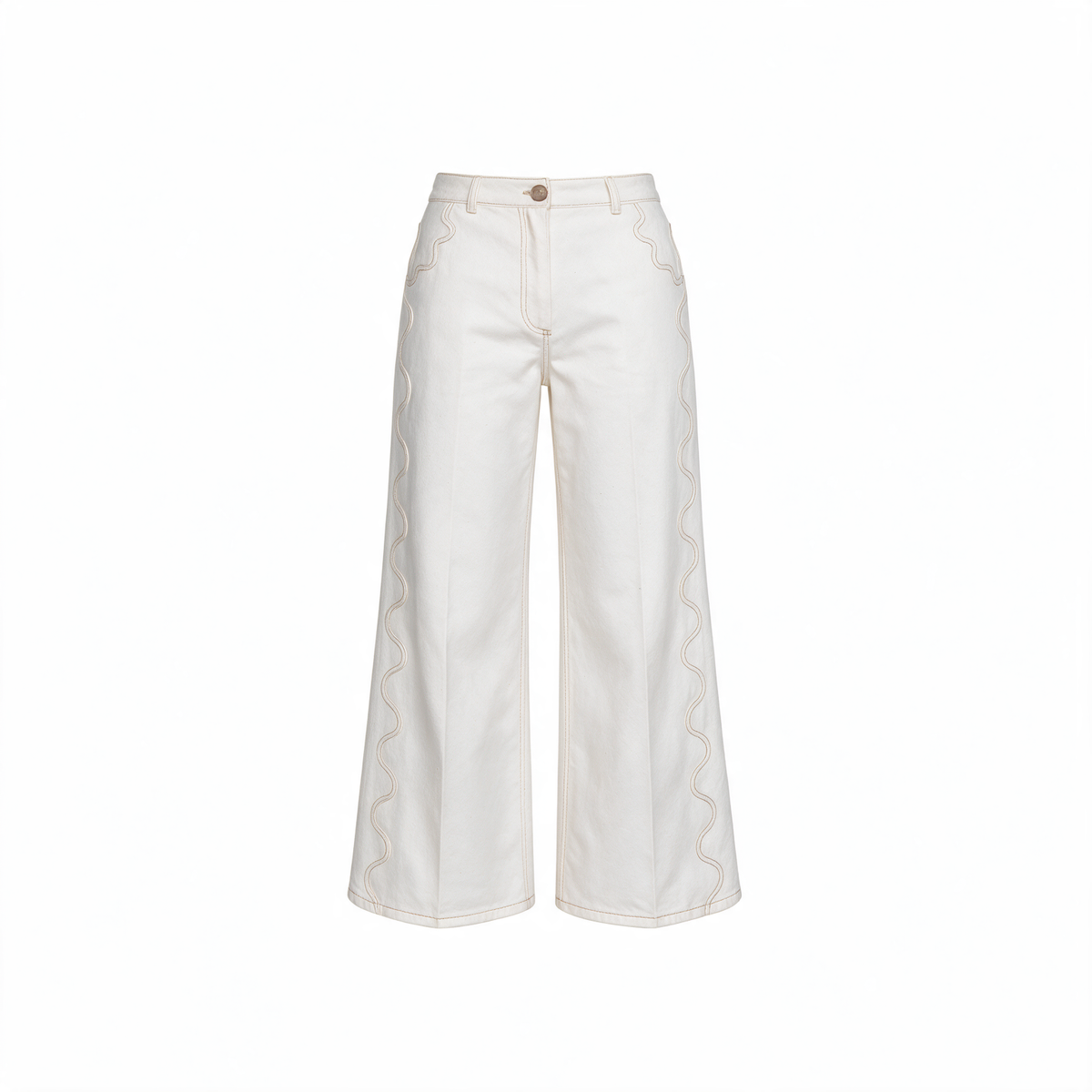 MALAI ivory wide-leg jeans with contrast wavy seam detail, flat front and belt loops