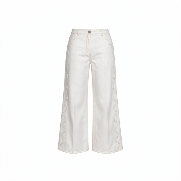 MALAI ivory wide-leg jeans with contrast wavy seam detail, flat front and belt loops