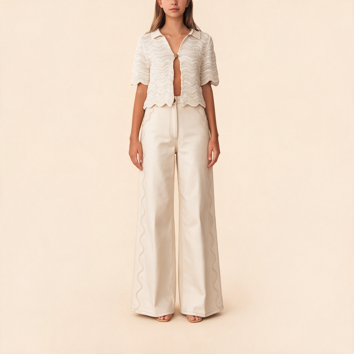 MALAI ivory wide-leg jeans with wavy contrast side stitching and front button closure