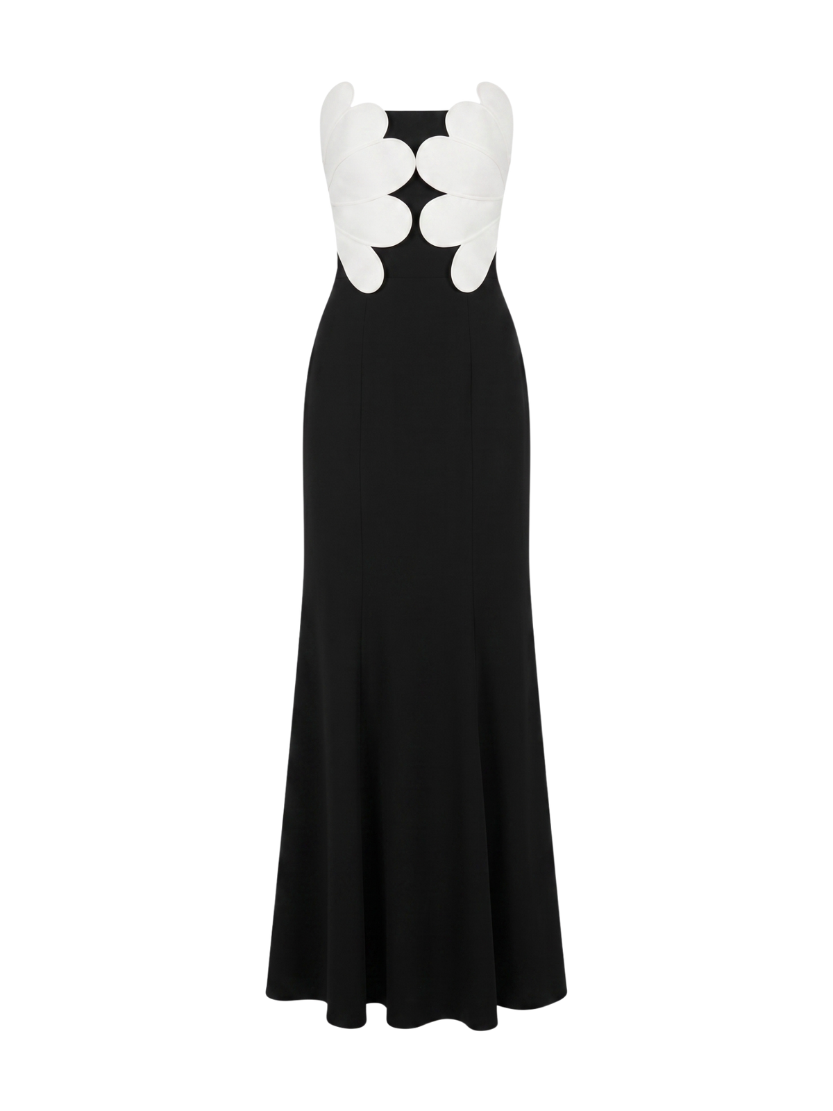 Black maxi dress with white flower applique at the bust, fitted bodice